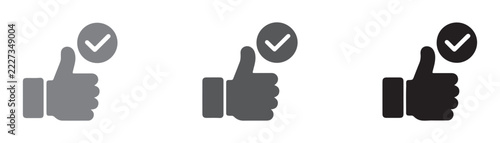 Three grey and black thumbs up icons with check marks symbolize approval and positive feedback for online content.