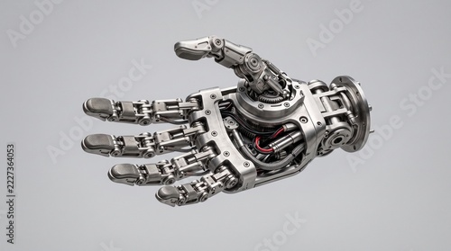 Detailed metallic robotic hand isolated against a plain grey