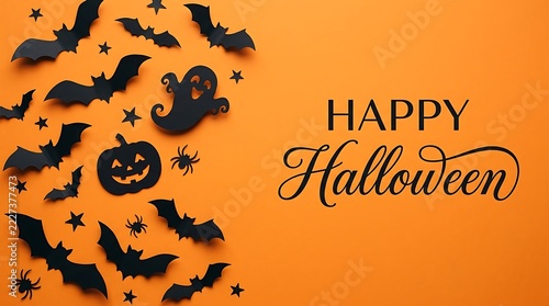 Halloween festive wreath featuring small orange and white pumpkins black bats creepy spiders eerie ghosts and spooky silver letters arranged in a circular design against bright yellow background