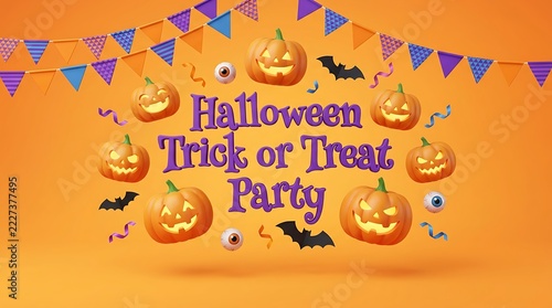 Halloween festive wreath featuring small orange and white pumpkins black bats creepy spiders eerie ghosts and spooky silver letters arranged in a circular design against bright yellow background