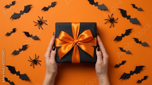 Hands holding elegantly wrapped black gift box with bright orange satin ribbon surrounded by creepy paper bats and plastic spiders on vibrant background during seasonal holiday celebration party