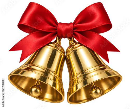 Two polished golden christmas bells tied together with a red satin ribbon bow holiday decor jingle bell isolated on transparent background winter