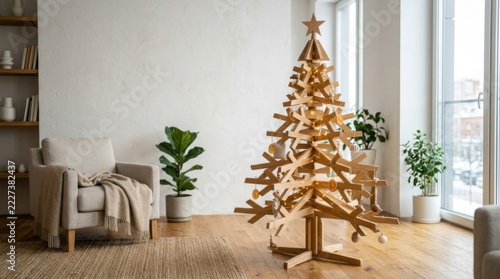 A Modern Wooden Christmas Tree with Lights in a Contemporary Home Interior
