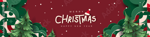 Merry Christmas and Happy New Year greeting card banner background with snowy winter landscape, typography, festive pattern, holiday theme, celebration graphics, printable poster, digital template