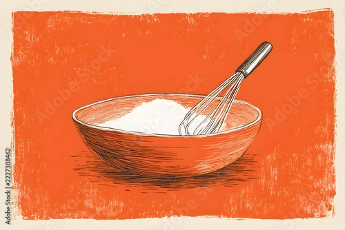 A minimalist hand-drawn illustration of a bowl of white powder and a whisk against a bright orange background; flat illustration style with simple lines reminiscent of woodcut printmaking techniques