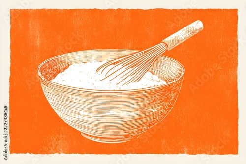 A minimalist hand-drawn illustration of a bowl of white powder and a whisk against a bright orange background; flat illustration style with simple lines reminiscent of woodcut printmaking techniques