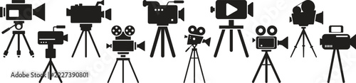 Glyph Icon Set of Cinema Cameras on Tripods