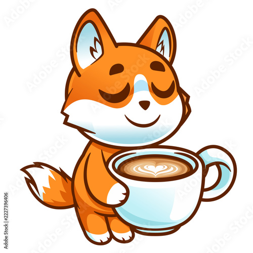 Cute Fox Drinking Coffee with Heart Latte Art, Cartoon Animal Character Vector Illustration