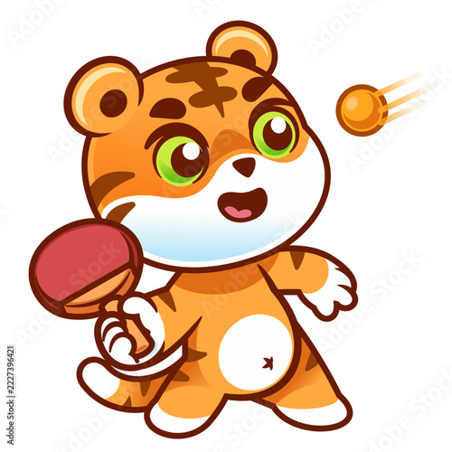 Cute Tiger Playing Ping Pong, Cartoon Animal Character with Table Tennis Paddle and Ball Vector Illustration