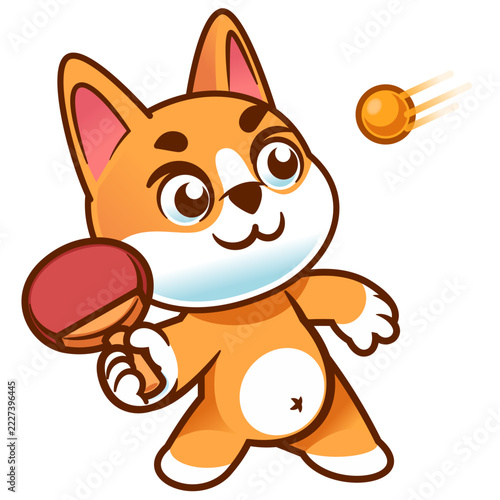 Cute Corgi Dog Playing Ping Pong, Cartoon Dog Character with Table Tennis Paddle and Ball Vector Illustration
