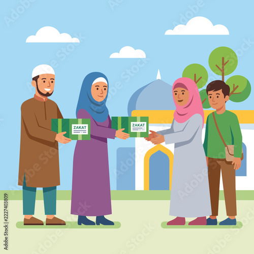 Muslim Family Distributing Zakat Boxes Islamic Charity and Giving