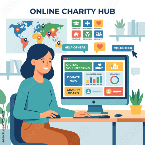 Online Charity Hub Woman Using Computer for Digital Volunteering and Donations