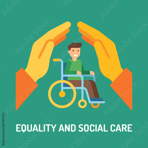 Person in wheelchair under caring hands equality social care concept illustration