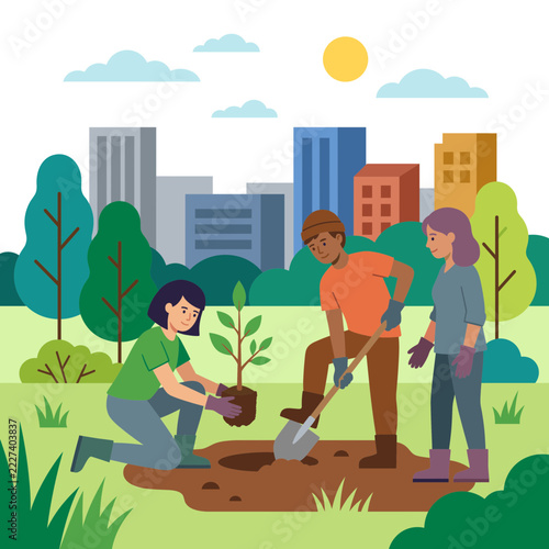 People Planting Tree In Urban Park Nature Conservation Flat Illustration