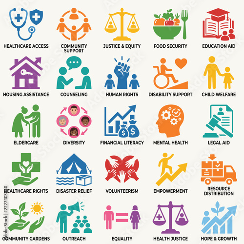 Social Services Icons Healthcare Housing Justice Food Education Rights
