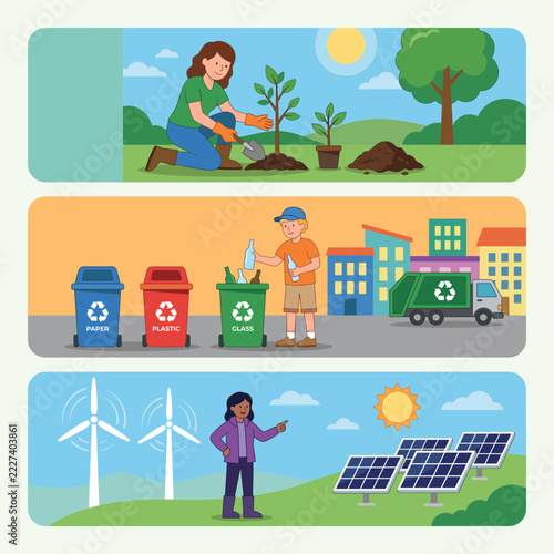 Sustainable Living Planting Recycling Renewable Energy Vector Illustration