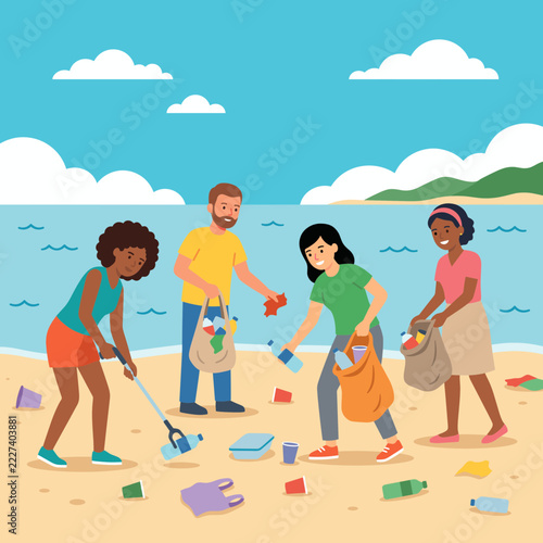 Volunteers cleaning beach litter environmental protection ocean conservation