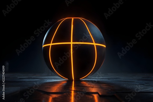 Floating 3d basketball, black basketball with neon orange lines that glow, cinematic, dark background, black panels of the basketball is barely visible except the neon glow reflecting, dramatic