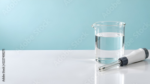 Lab beaker filled with clear liquid and probe on a white table against a blue background, symbolizing scientific research and experimentation.