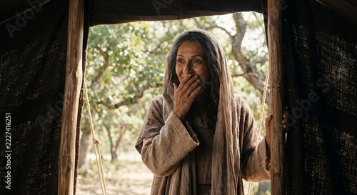 Sarah laughing at the promise of a son, Genesis 18 Old Testament biblical scene, three visitors at Abraham’s tent