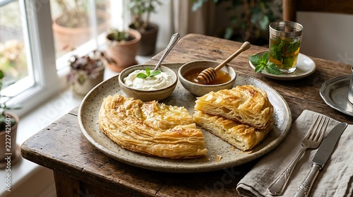 Feteer meshaltet pastry rests on a rustic table beside cream and honey.