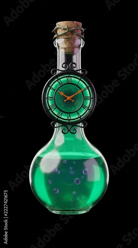 Magical glowing green potion bottle adorned with a vintage clock face and cork stopper isolated on black background