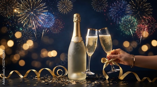 Elegant Champagne Bottle and Glasses Celebration with Firework Display