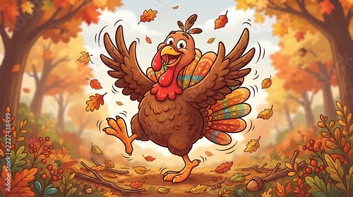 Playful Cartoon Turkey in Autumn Forest