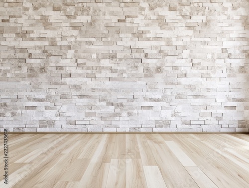 Empty Room with White Brick Wall and Light Wood Floor