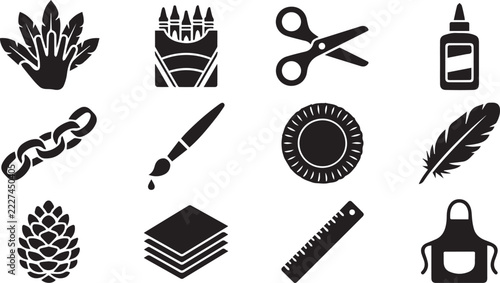 School supplies and craft icons set featuring scissors glue brush and