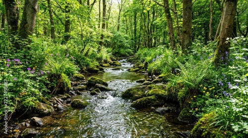 Lush Green Forest Stream with Mossy Rocks and Verdant Foliage.