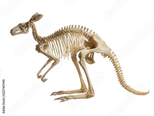 Full Skeleton Of A Kangaroo Isolated On A White Background Showing Anatomy In High Contrast