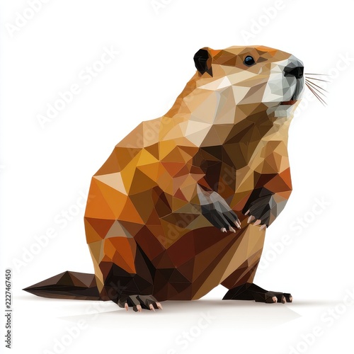 Geometric Low Poly Beaver Illustration In Warm Brown Tones Against A Crisp White Isolated Background