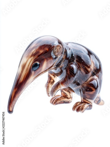 Glossy Brown Glass Anteater Figurine Sculpture With Intricate Patterns On A White Background