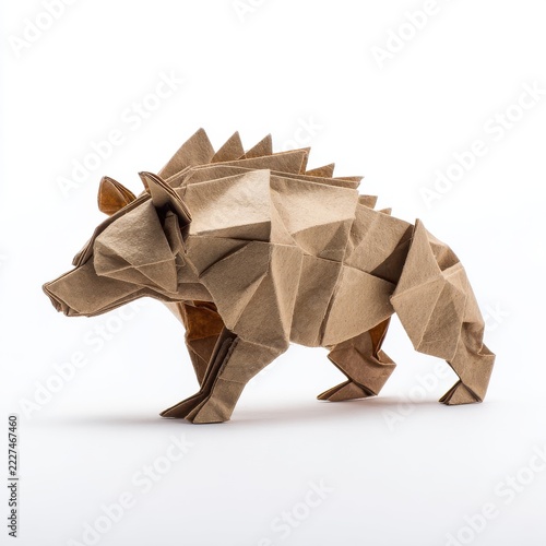 Gold Origami Bear Sculpture Isolated On White Background