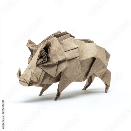 Gold Origami Wild Boar Sculpture On A Clean Isolated White Background