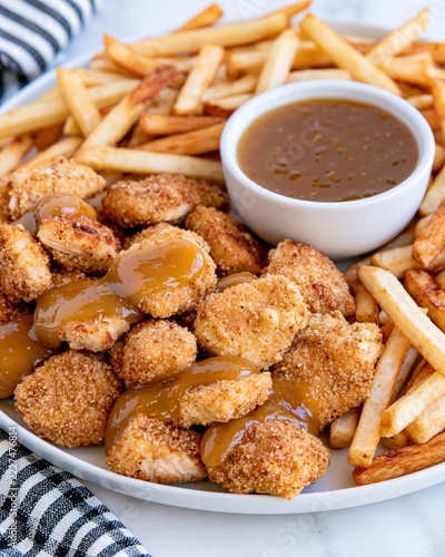 Golden brown pieces of breaded poultry are drizzled with a savory sauce and served alongside crispy french fries.