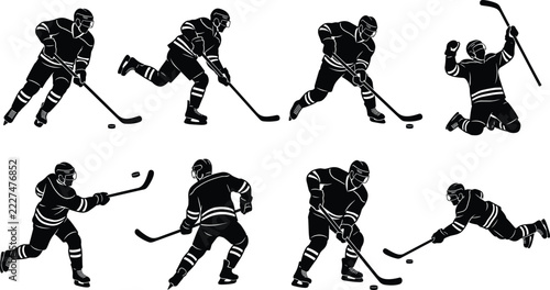 Photography Set of black silhouettes of ice hockey players in various dynamic action poses i