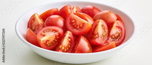 Freshly cut red tomatoes fill a white bowl.