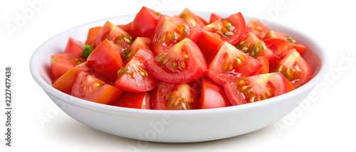 Diced red tomatoes fill a white ceramic bowl.