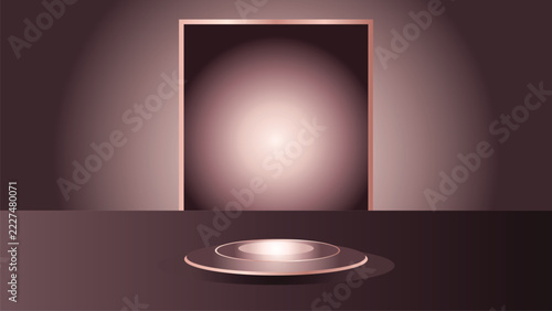 Modern Rose Gold Podium Stage With Rectangular Frame Backdrop And Circular Platform Presentation Display