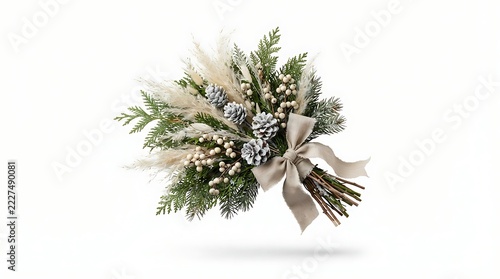 Winter holiday bouquet with pine cones and greenery isolated on white background