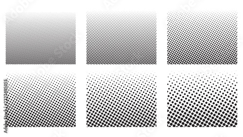 Set of abstract black halftone dots gradient textures rectangle shapes vector patterns.