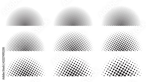 Set of abstract black halftone dots semi circle shapes and geometric arch gradient vectors.