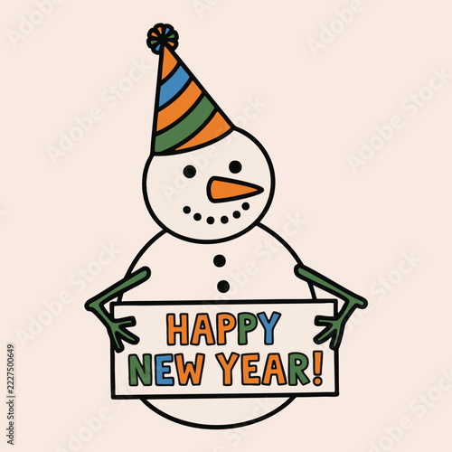 Cute cartoon snowman wearing a party hat holding a Happy New Year sign.
