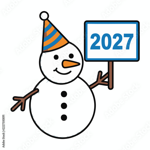 Cute cartoon snowman wearing a party hat holding a sign with 2027 text.