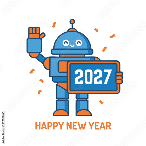 Cute cartoon robot waving and holding a sign with the year 2027 for New Year celebration.