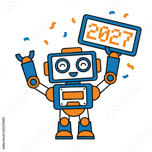 A cute cartoon robot celebrating the new year 2027 with confetti.