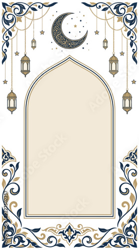 A traditional Islamic archway frame features decorative golden lanterns and a crescent moon with twinkling stars designed for celebrating holy religious festivals and cultural holiday event