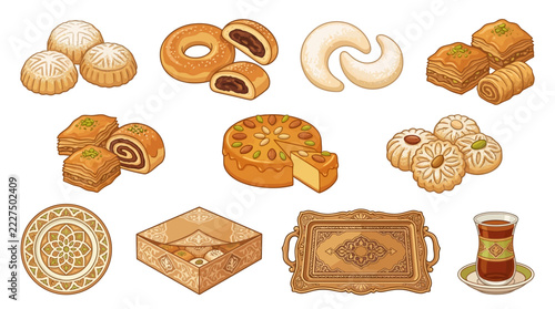 A wide variety of delicious Middle Eastern confectionery items including honey baklava and stuffed date pastries are displayed alongside traditional tea service equipment on a decorative wooden